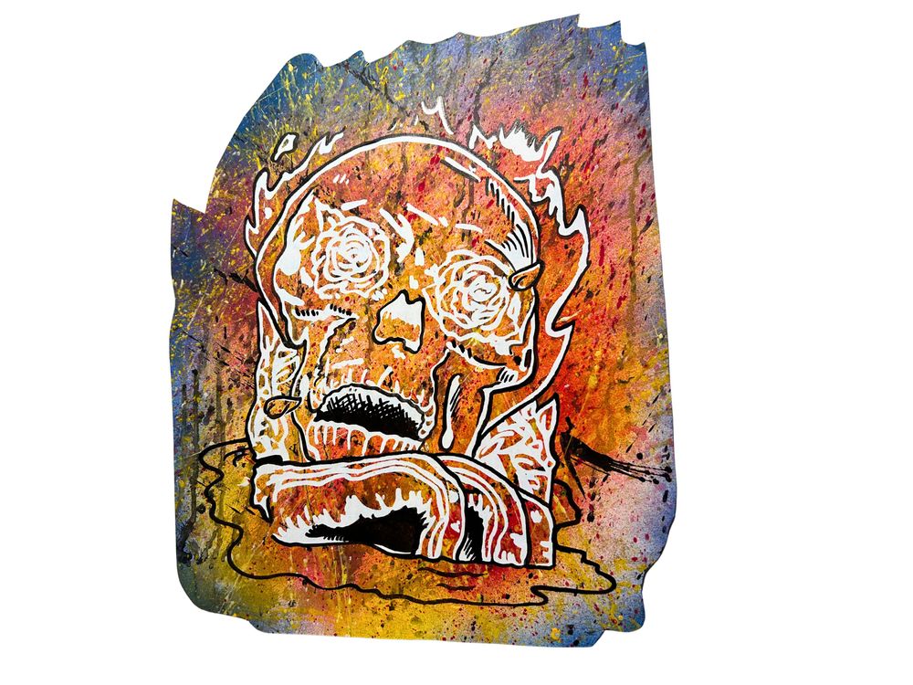 Rose Skull Print on Painted Background - acrylic and ink on cardstock by Elijah Sylar